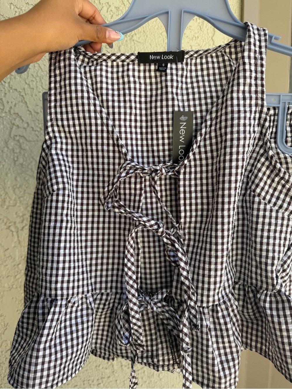Brown & White Gingham Tie-Front Peplum Tank Matching Set